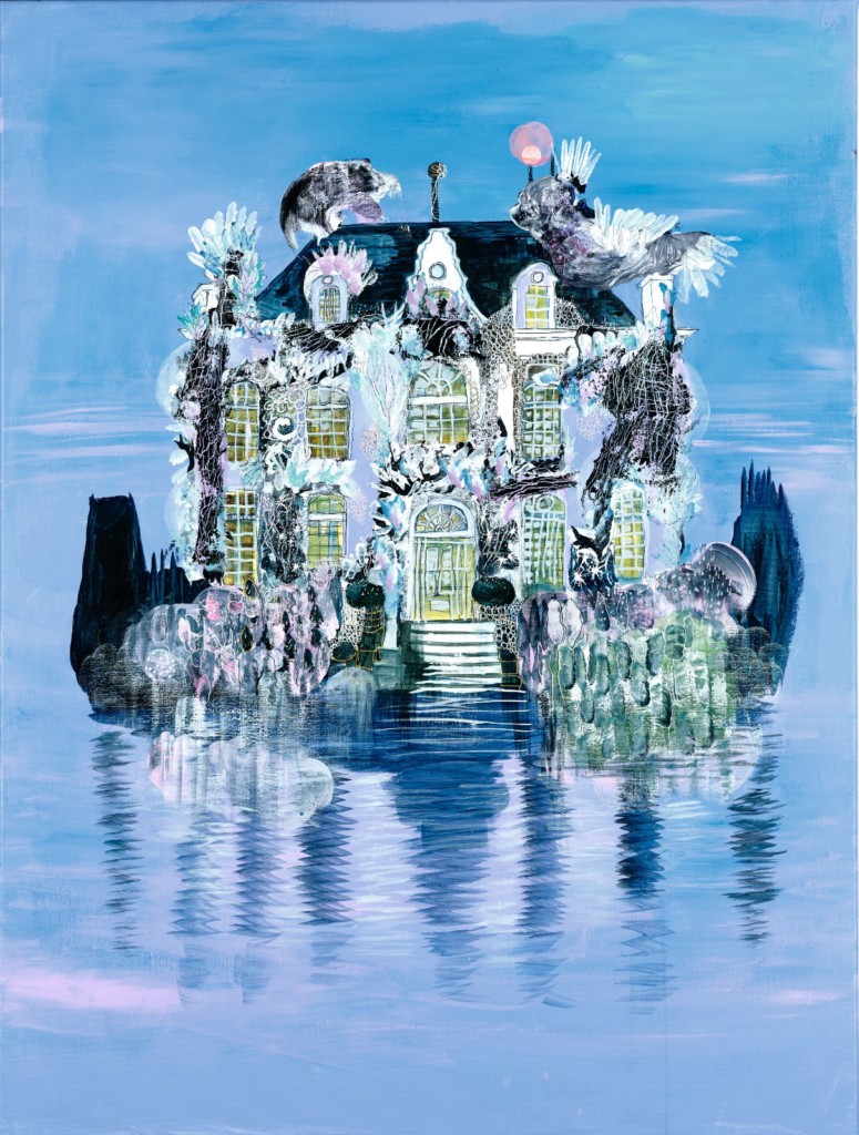 Louise van Roij - 'Landhuis in het water' - acrylverf en inkt op doek - 90 x 120 cm