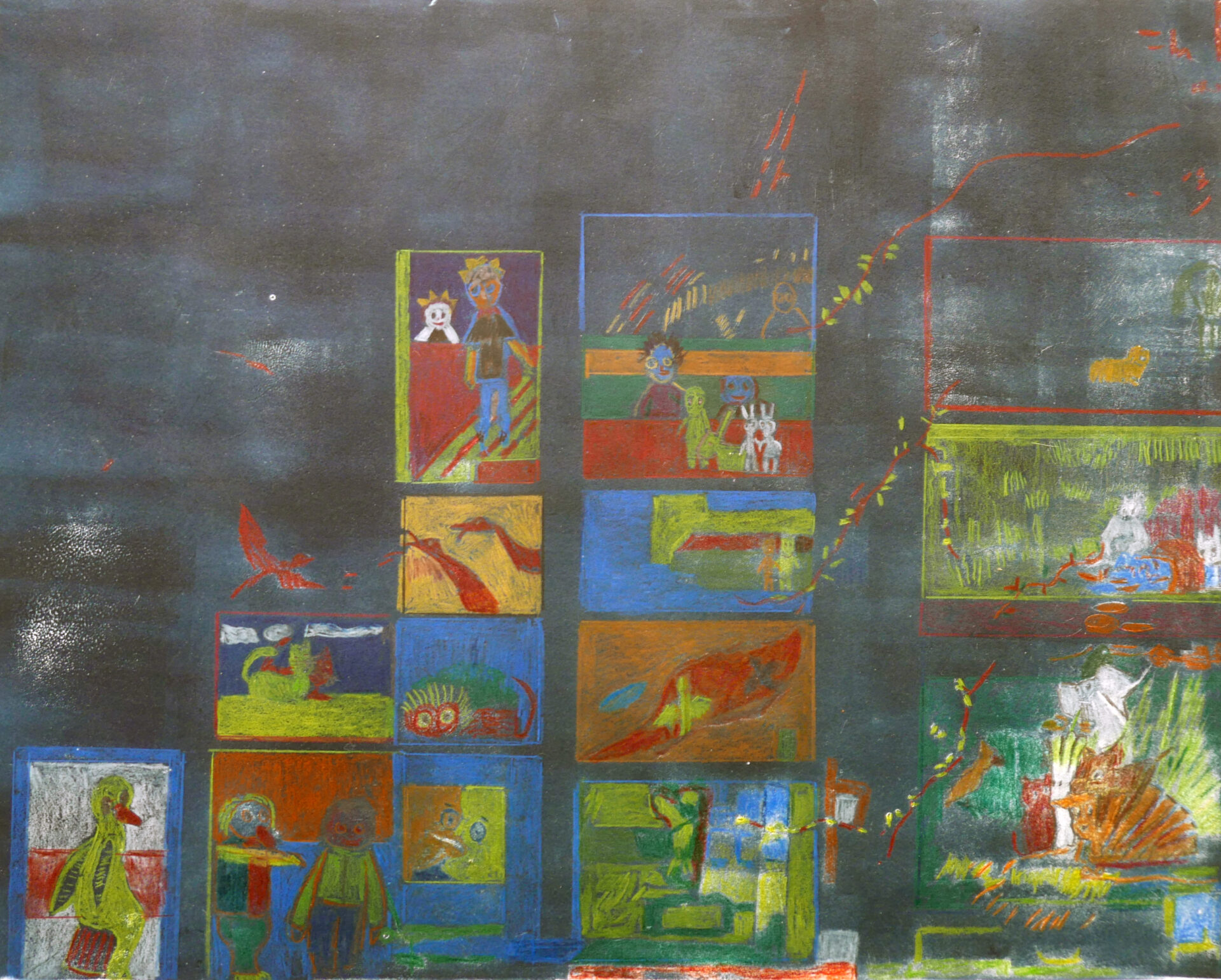 Josee de With - 'Fantasie in blauw - ets met kleurpotlood - 36,5 x 46 cm