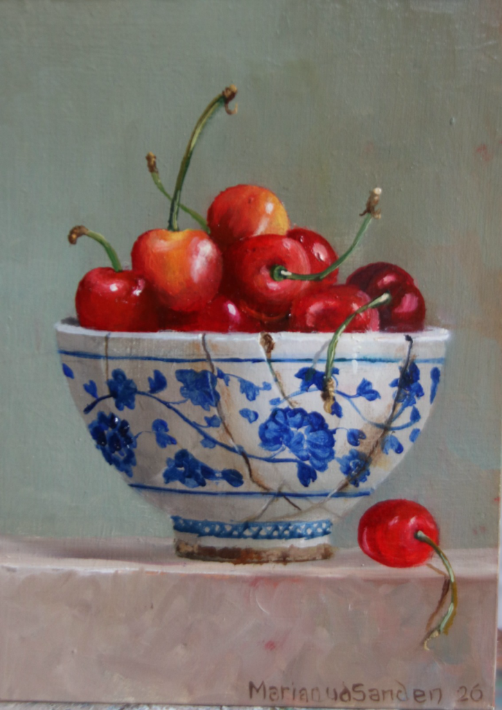 Marian van der Sanden - 'Kersen' - olieverf - 13 x 18 cm