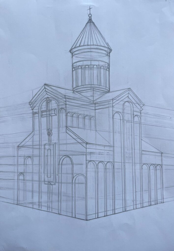 Anna Pestych - 'Tempel', constructietekening met atmosferisch perspectief - 29,7 x 42 cm