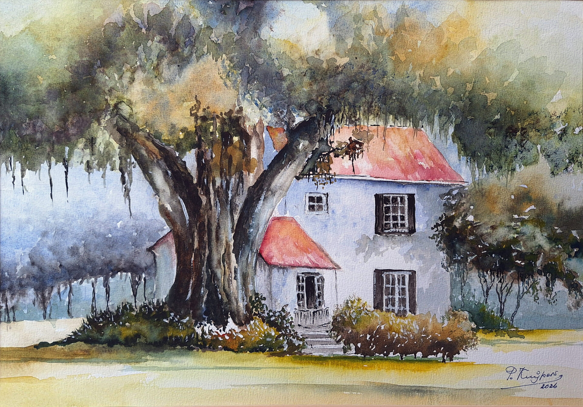 Piet Kuijpers - 'Oude boom met landhuis - aquarel - 50 x 70 cm_1