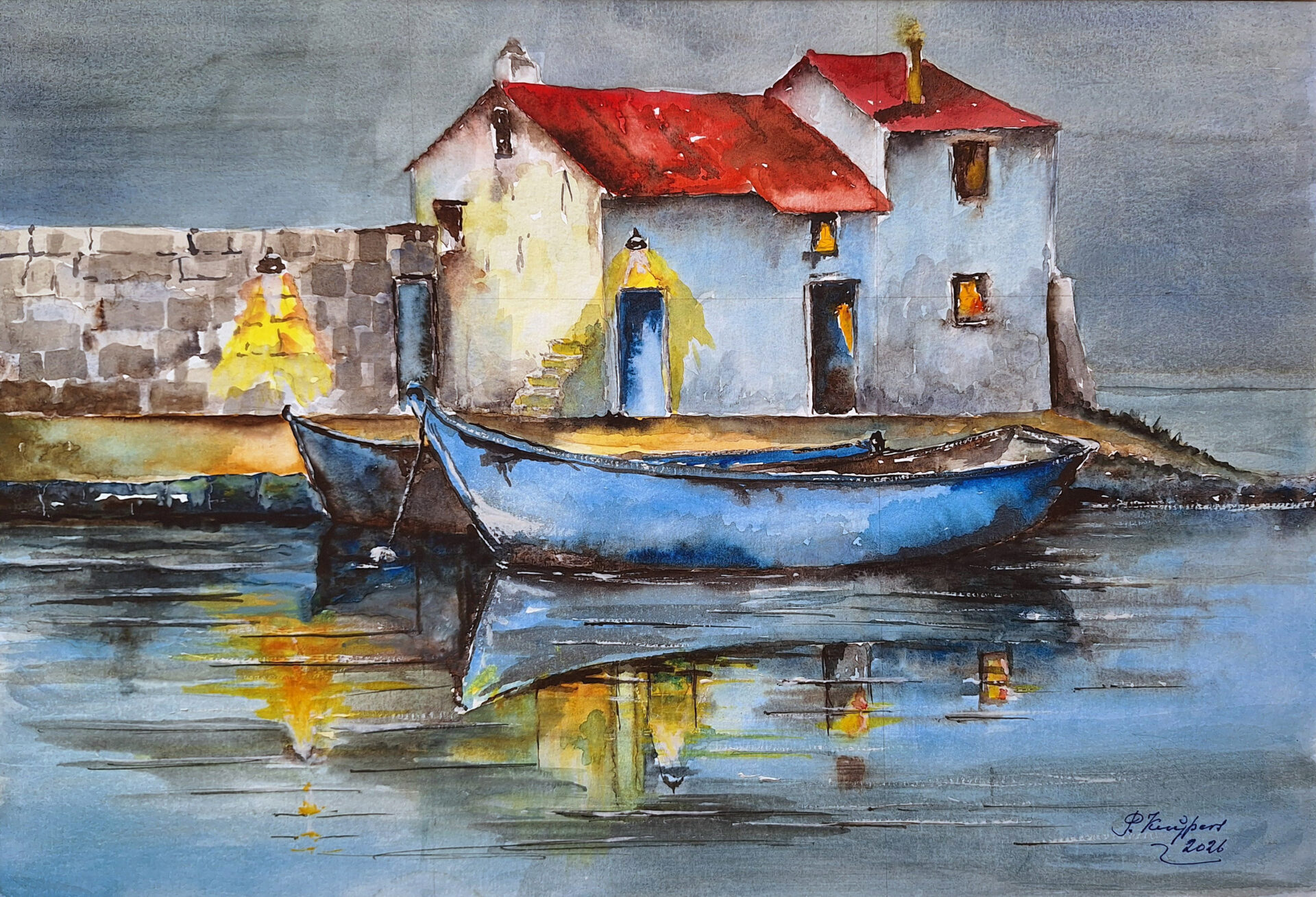 Piet Kuijpers - 'Vissershuisje met bootjes' - aquarel - 50 x 70 cm_1
