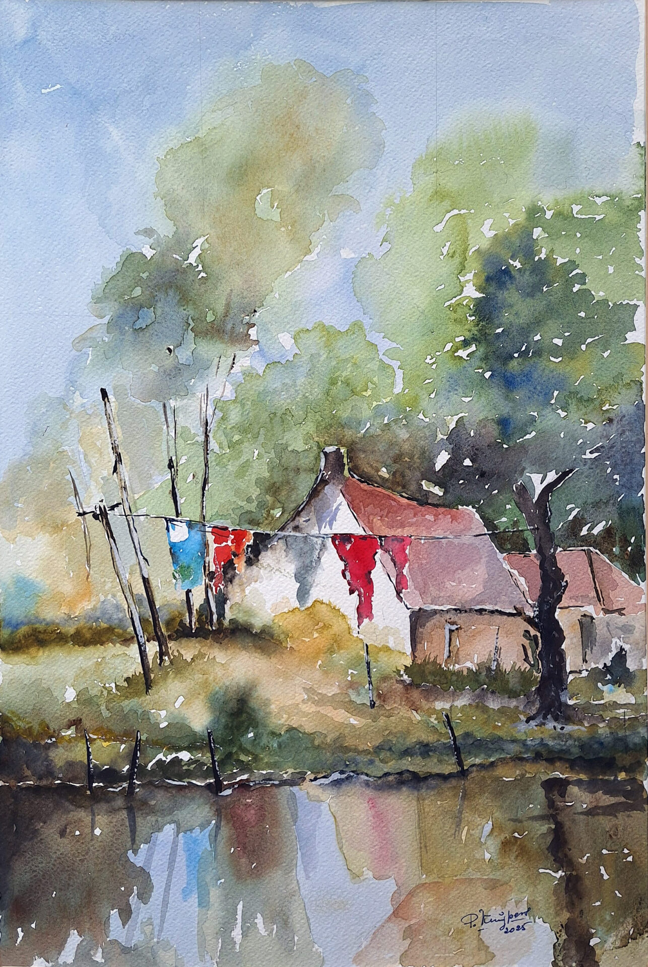 Piet Kuijpers - 'Waslijn aan het water - aquarel - 50 x 70 cm_1