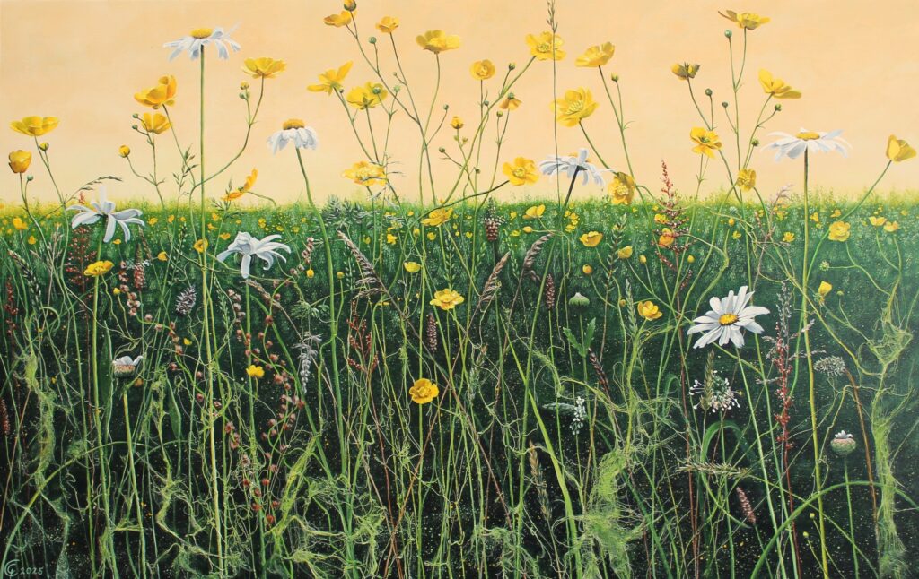 Carla van Gisbergen - 'Bermbloemen : boterbloem' - acryl : mixed media op gepoedercoat metaal - 80 x 120 cm