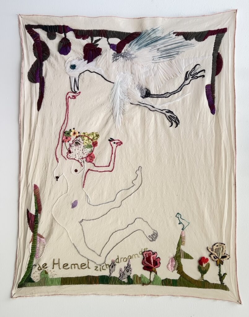 Marita Kratz - 'de Hemel zich droomde' - borduur:collagetechniek - ca 70 x 100 cm