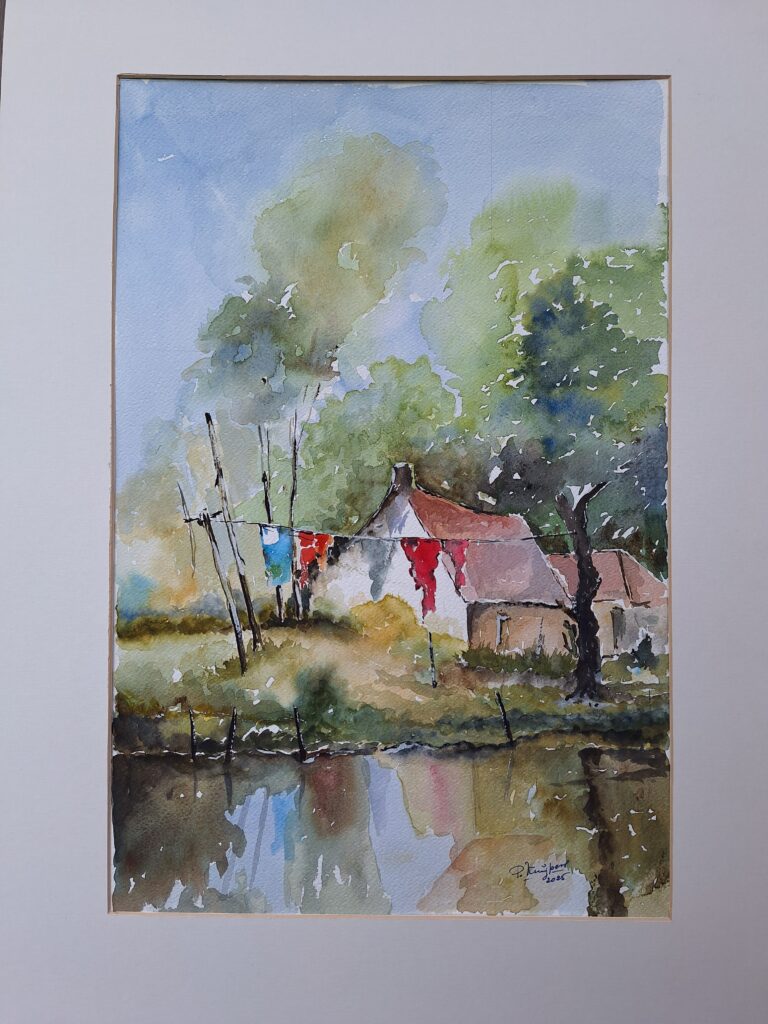 Piet Kuijpers - 'Waslijn aan het water - aquarel - 50 x 70 cm